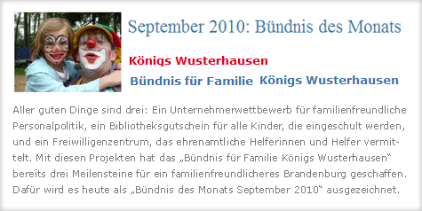 Auszeichnung „B&uuml;ndnis des Monats September 2010“ f&uuml;r
das Lokale B&uuml;ndnis f&uuml;r Familie in K&ouml;nigs Wusterhausen