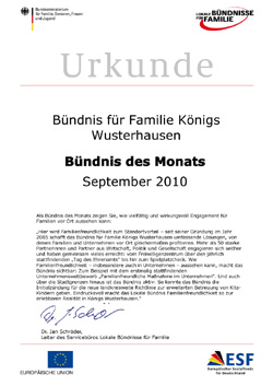 Urkunde - Bündnis des Monatzs September 2010